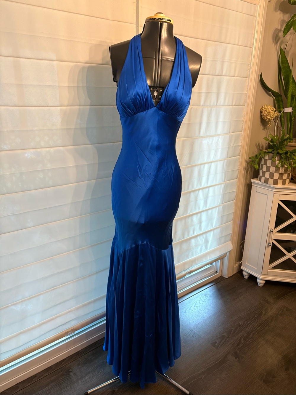 Caché 100% Silk Royal Blue Halter Mermaid Evening Gown